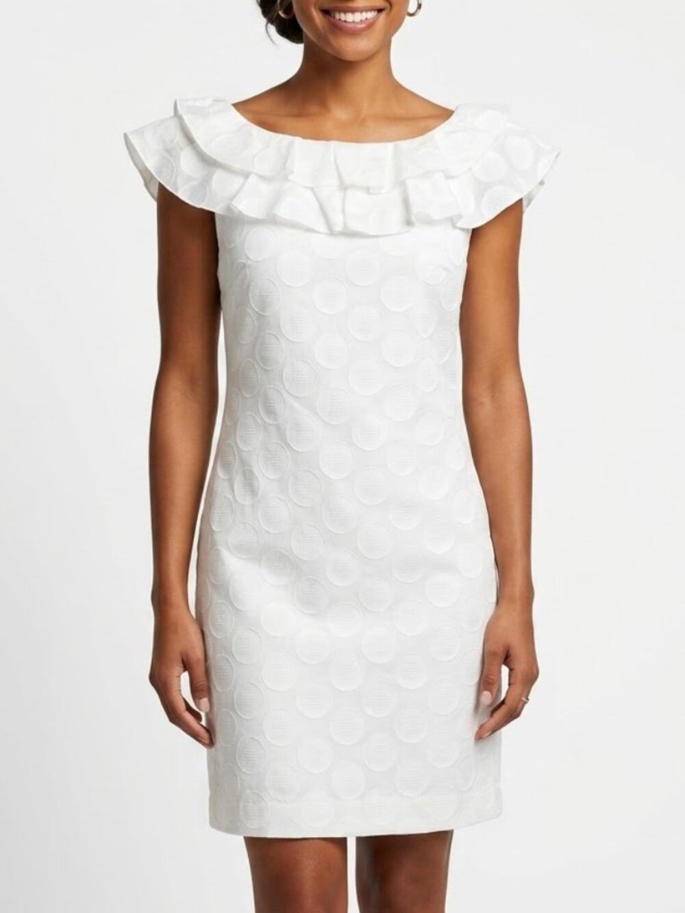 Sandra Darren 60s Mod White Textured Ruffle Shift Dress 12P Geometric Jacquard